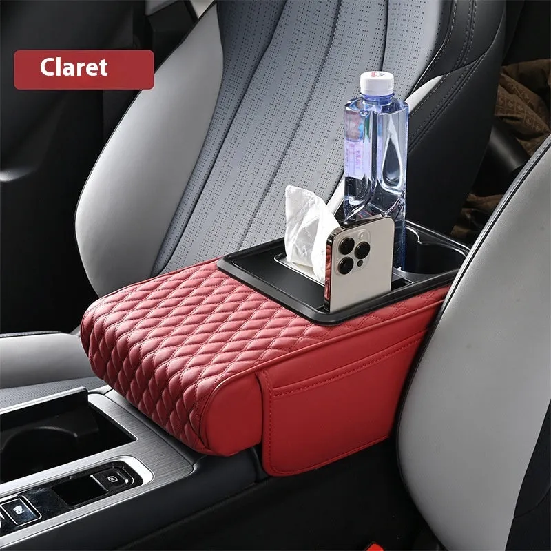 Multi-functional leather armrest box mat for car in beige colour with storage compartments, 35x19.5x7cm