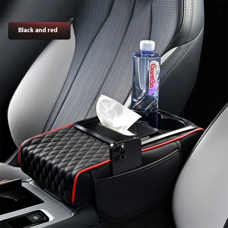 Multi-functional leather armrest box mat for car in beige colour with storage compartments, 35x19.5x7cm