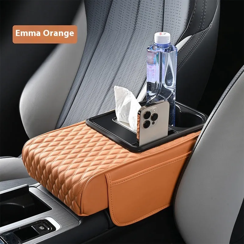 Multi-functional leather armrest box mat for car in beige colour with storage compartments, 35x19.5x7cm