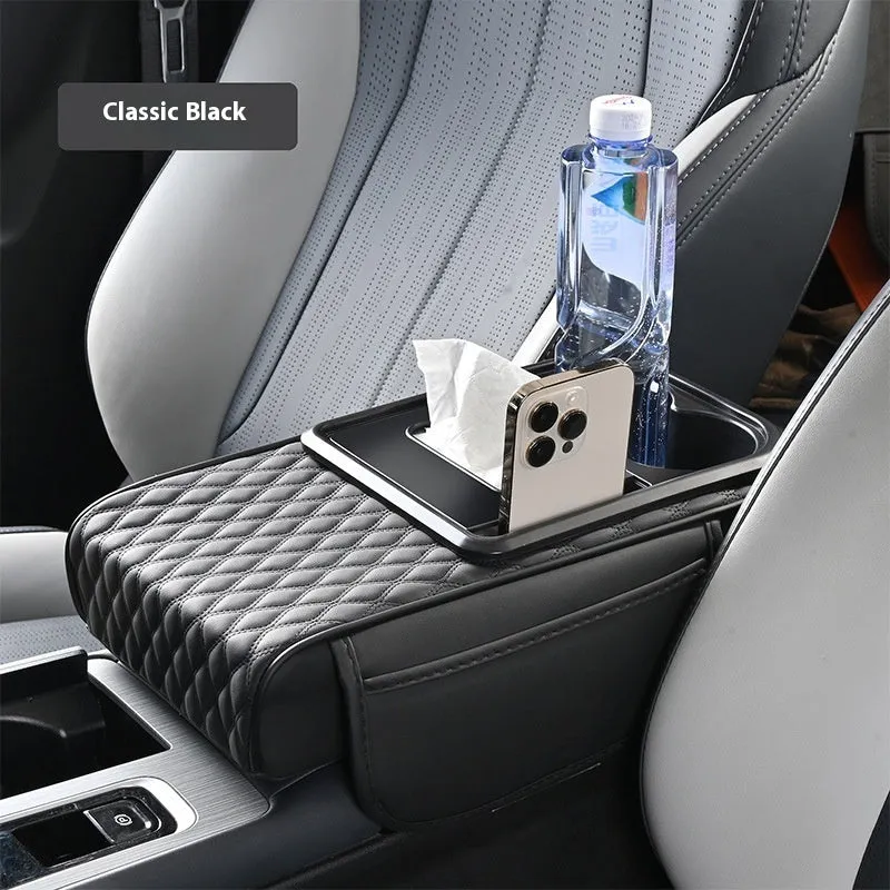 Multi-functional leather armrest box mat for car in beige colour with storage compartments, 35x19.5x7cm