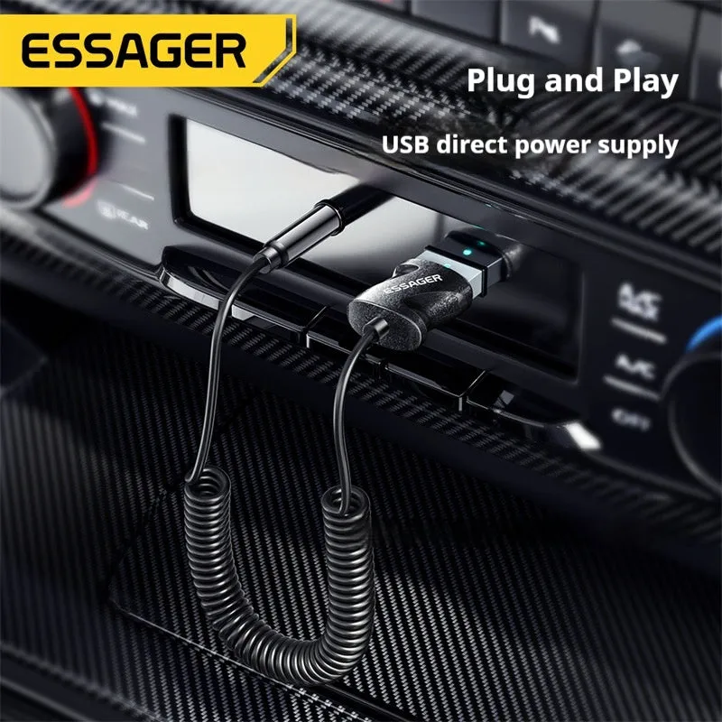 ESSAGER Shadow Arc Bluetooth 5.0 audio receiver with 3.5mm gold-plated plug and stretchable black TPE wire