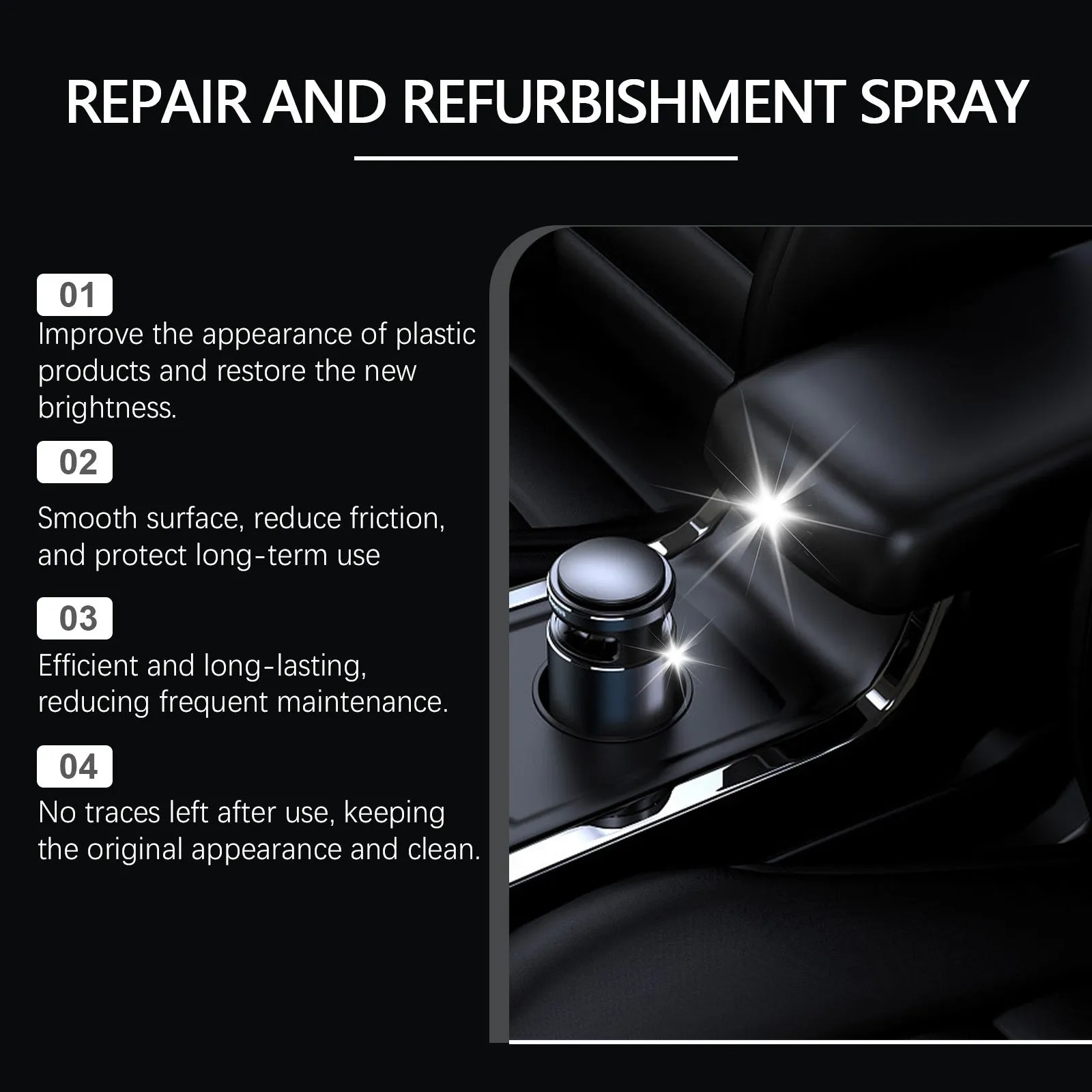 Automotive plastic renovation spray 60ml bottle with label for car interior trim refurbishment