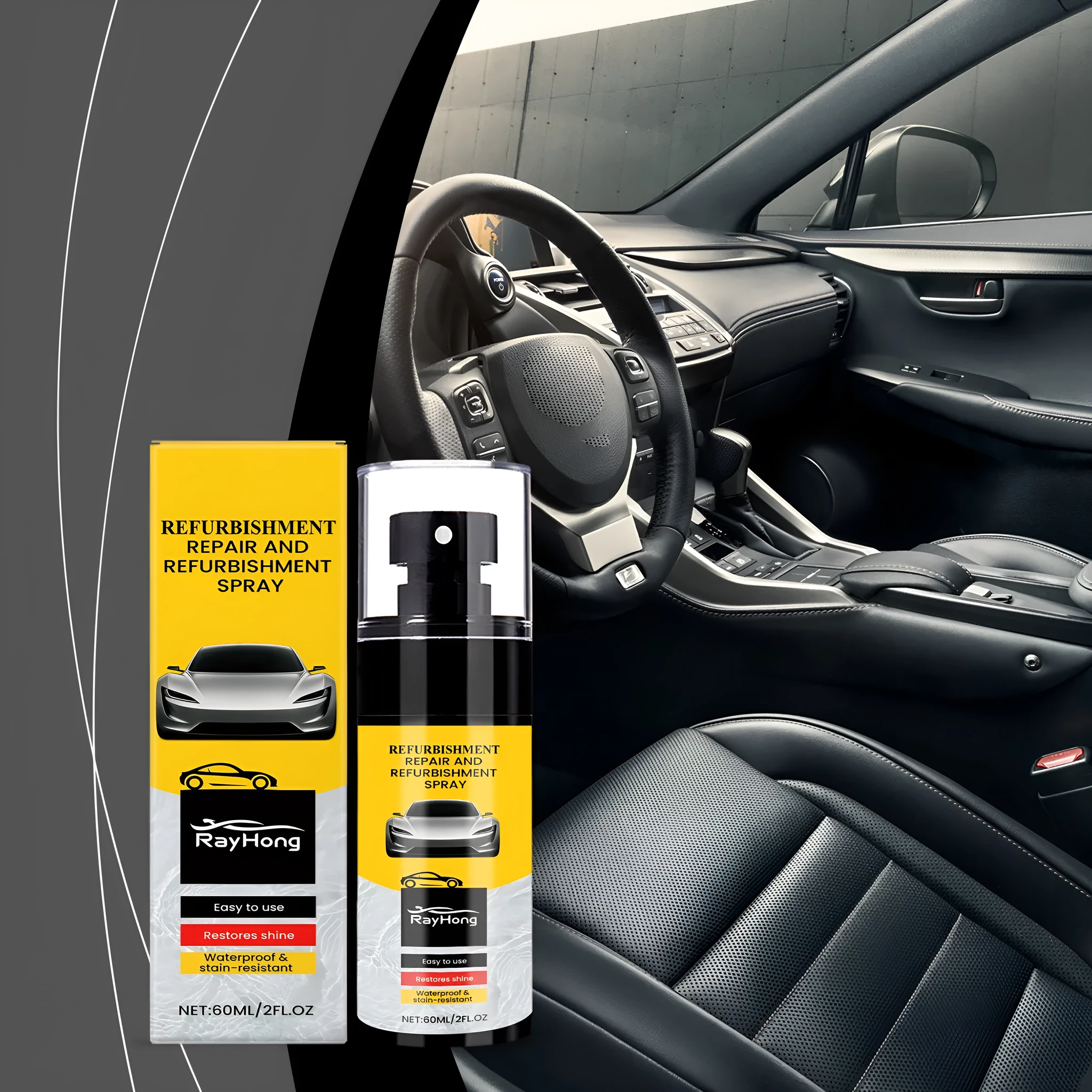 Automotive plastic renovation spray 60ml bottle with label for car interior trim refurbishment
