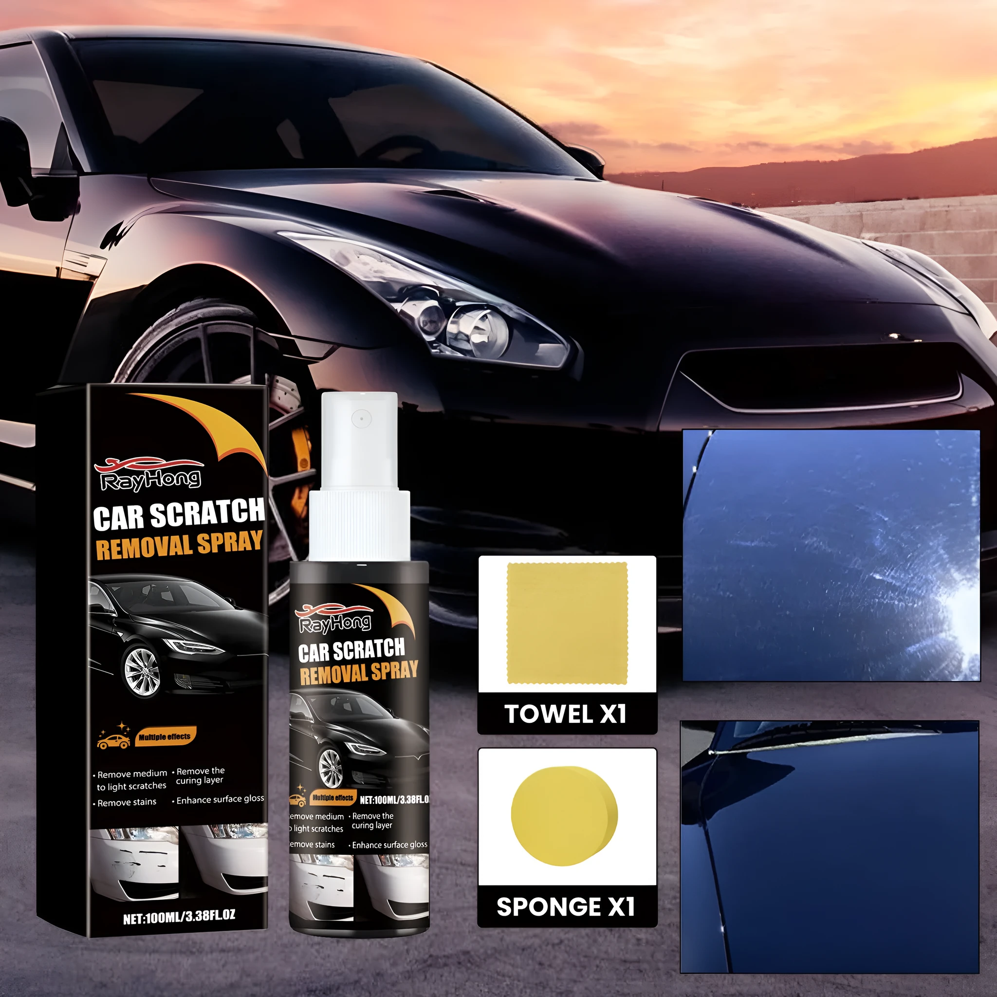Car scratch repair kit with 100ml agent, sponge, and towel on a grey background