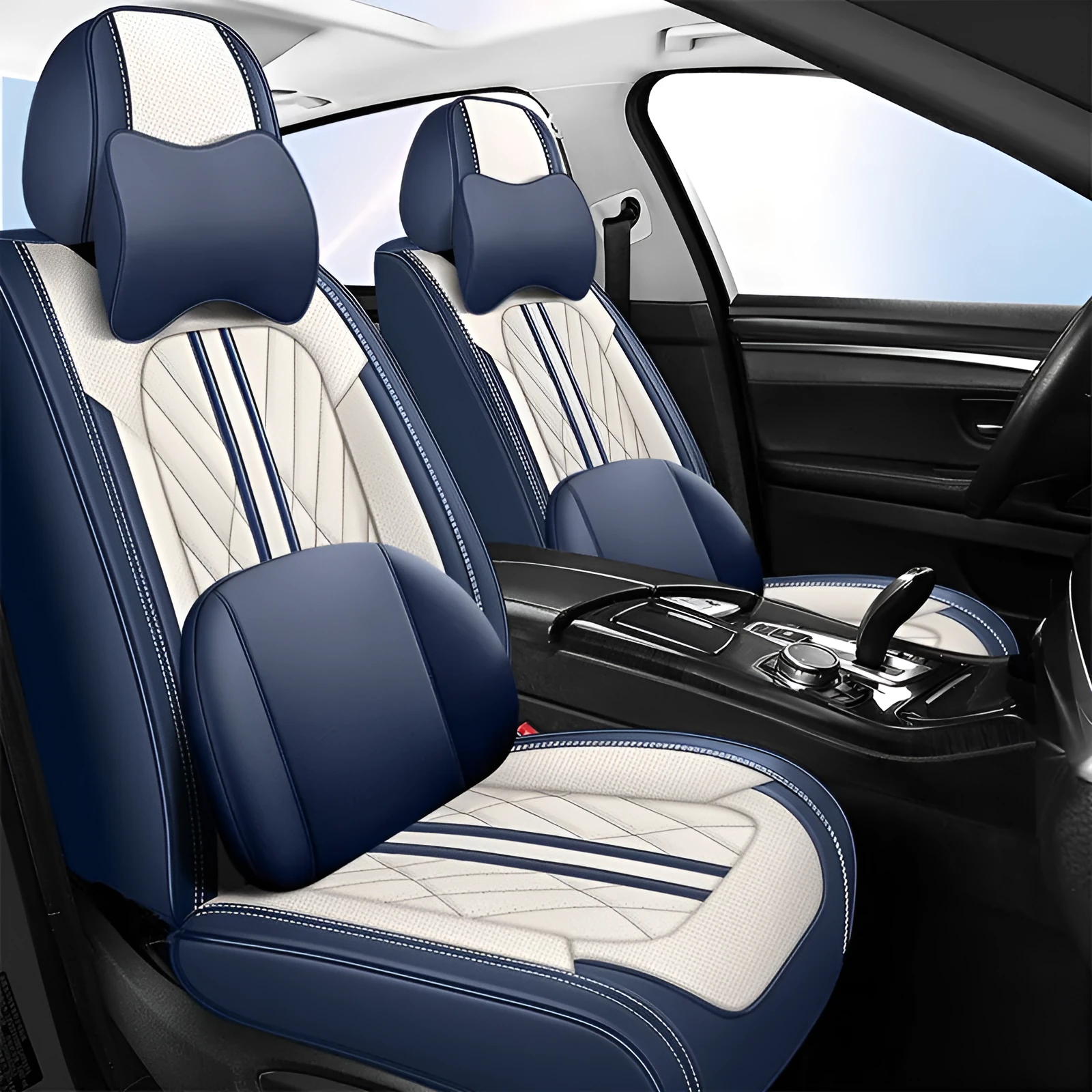 Five-piece leather car seat cushion set in various colour options including striped patterns