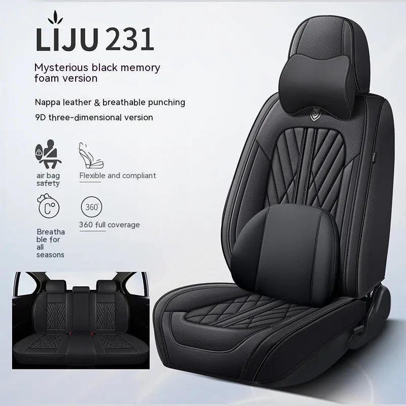 Five-piece leather car seat cushion set in various colour options including striped patterns