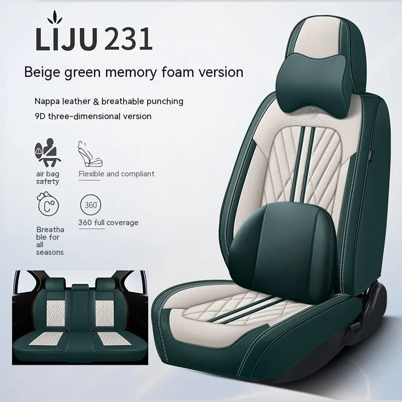 Five-piece leather car seat cushion set in various colour options including striped patterns