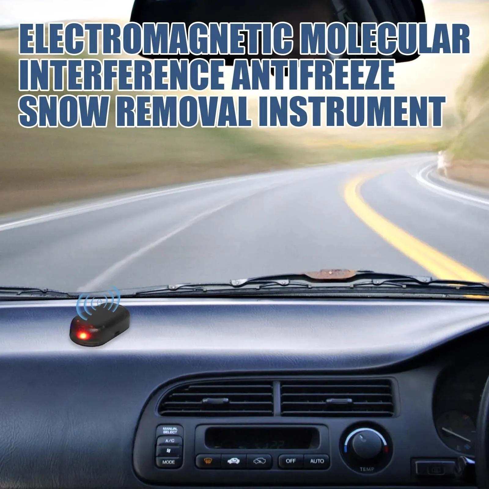 Black compact car windscreen de-icer tool with glass element for melting ice and snow.