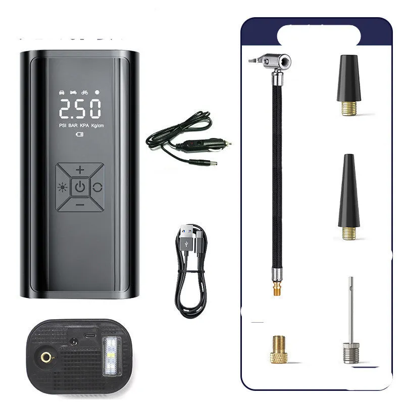 Portable wireless digital display electric car tyre pump with LED light on a black ABS and metal body.