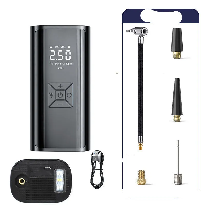 Portable wireless digital display electric car tyre pump with LED light on a black ABS and metal body.