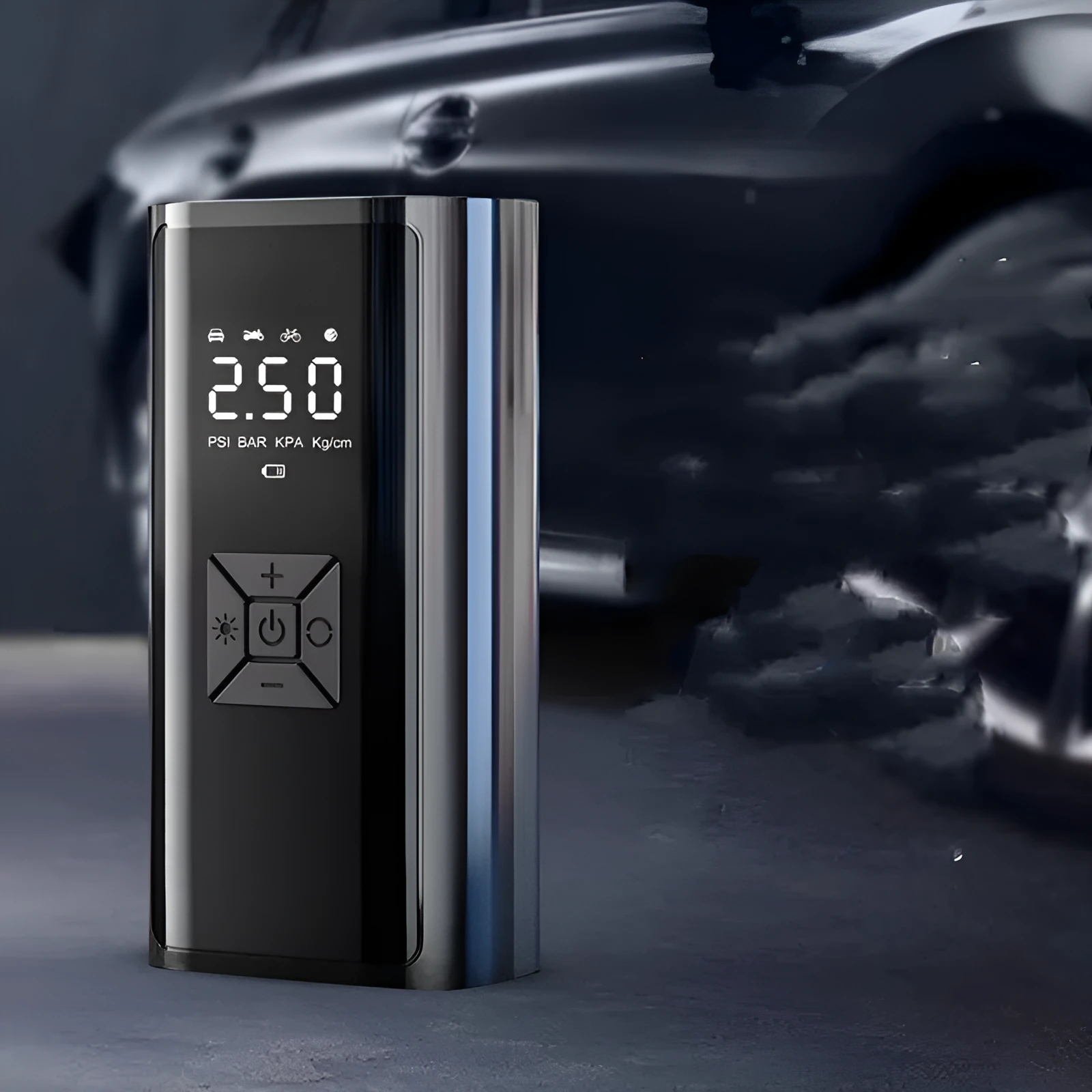 Portable wireless digital display electric car tyre pump with LED light on a black ABS and metal body.