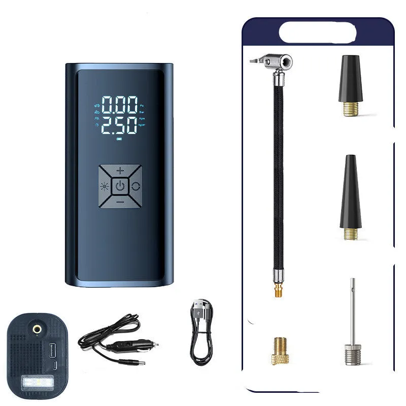 Portable wireless digital display electric car tyre pump with LED light on a black ABS and metal body.