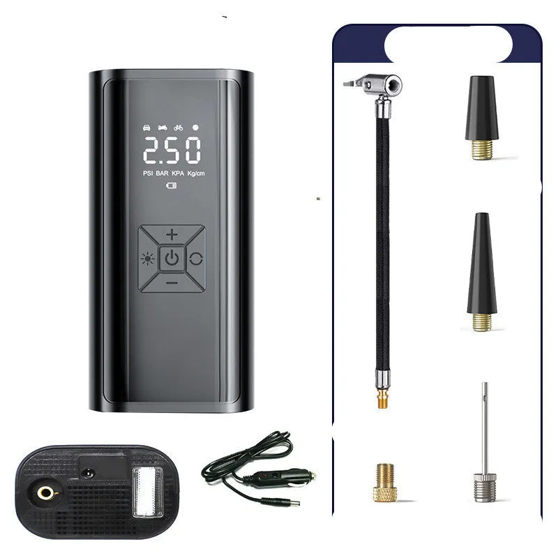 Portable wireless digital display electric car tyre pump with LED light on a black ABS and metal body.