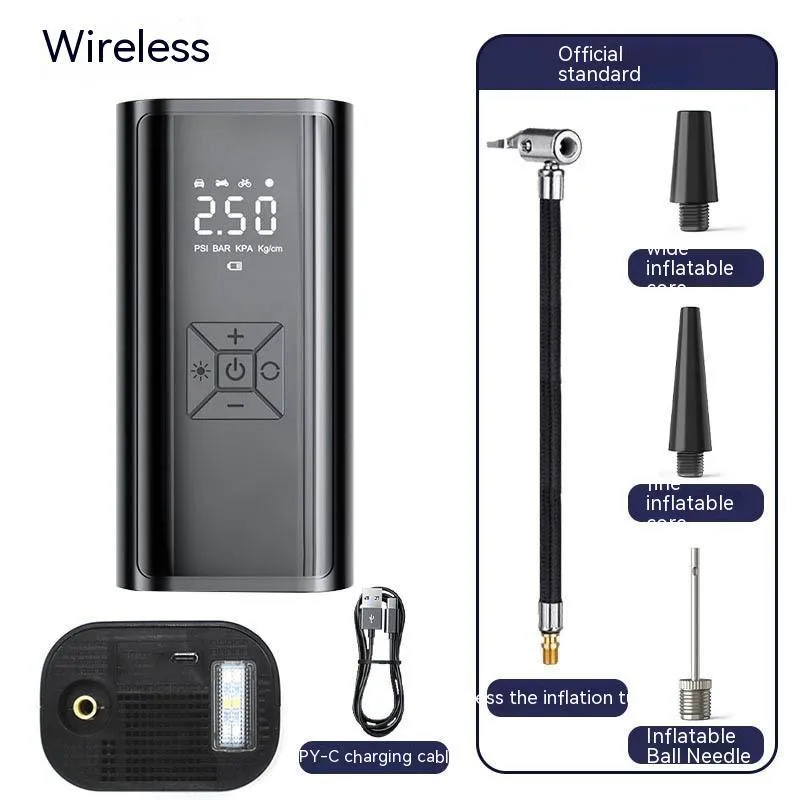 Portable wireless digital display electric car tyre pump with LED light on a black ABS and metal body.