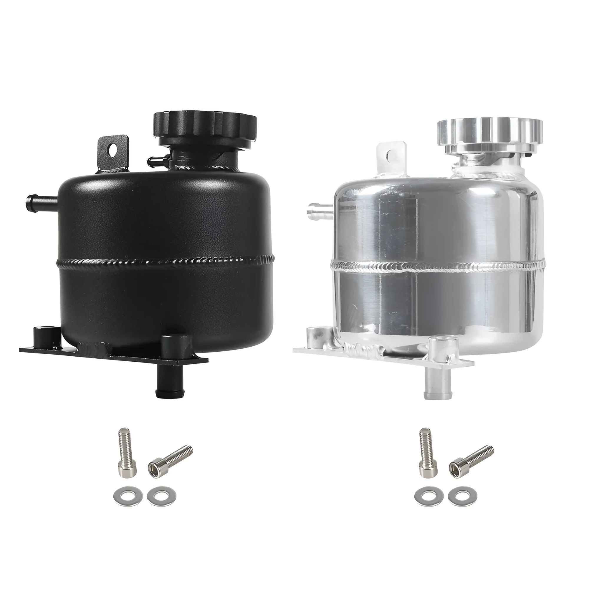 Polished aluminum alloy coolant tank direct replacement for BMW Mini, black colour option, in engine bay