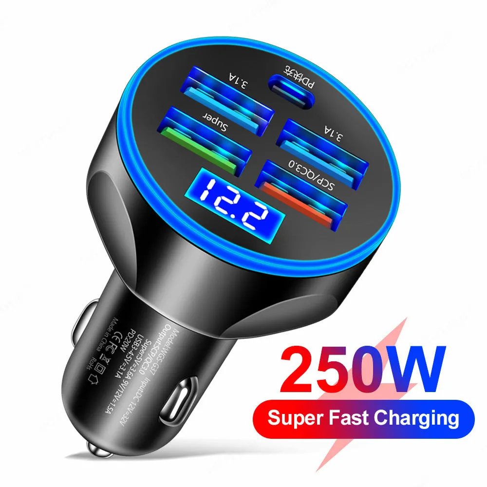 Digital display five-in-one car charger with super fast charge port, compact PC body, black and white colour options, 4cm by 4cm by 7cm size.