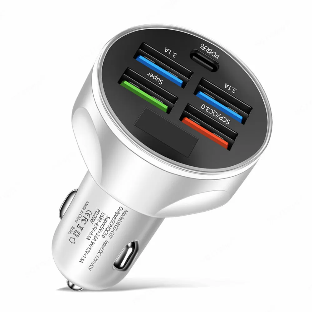 Digital display five-in-one car charger with super fast charge port, compact PC body, black and white colour options, 4cm by 4cm by 7cm size.