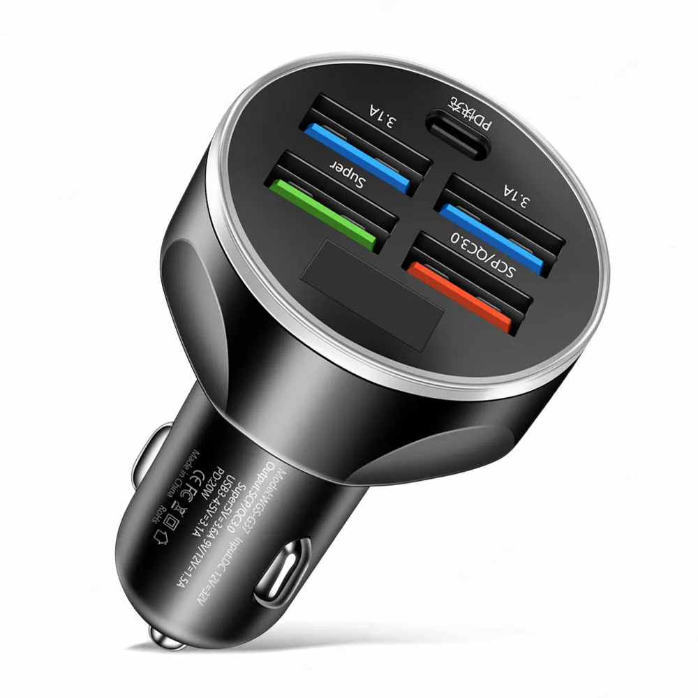Digital display five-in-one car charger with super fast charge port, compact PC body, black and white colour options, 4cm by 4cm by 7cm size.