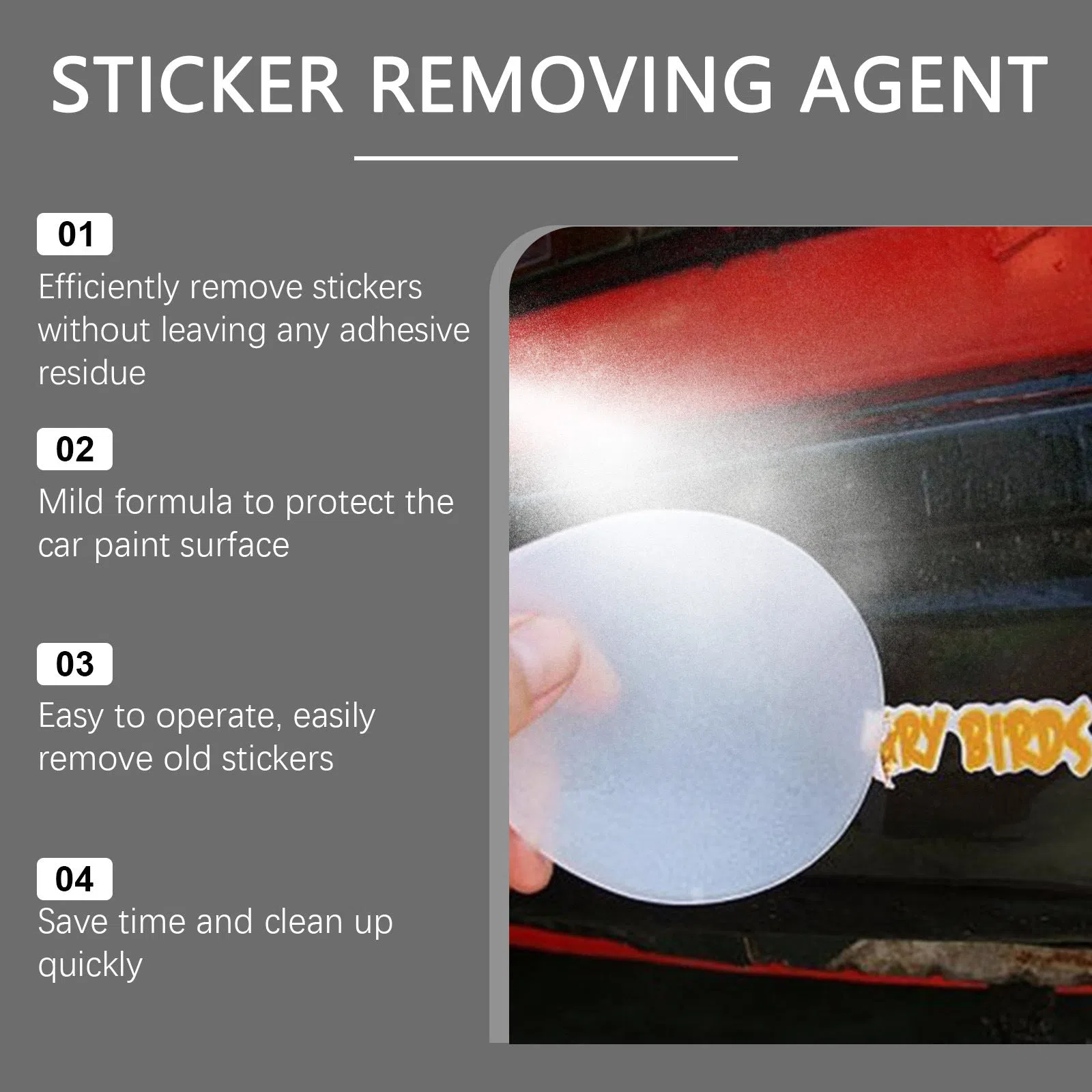 Automobile sticker remover set with 100ml bottle and square towel on car windscreen