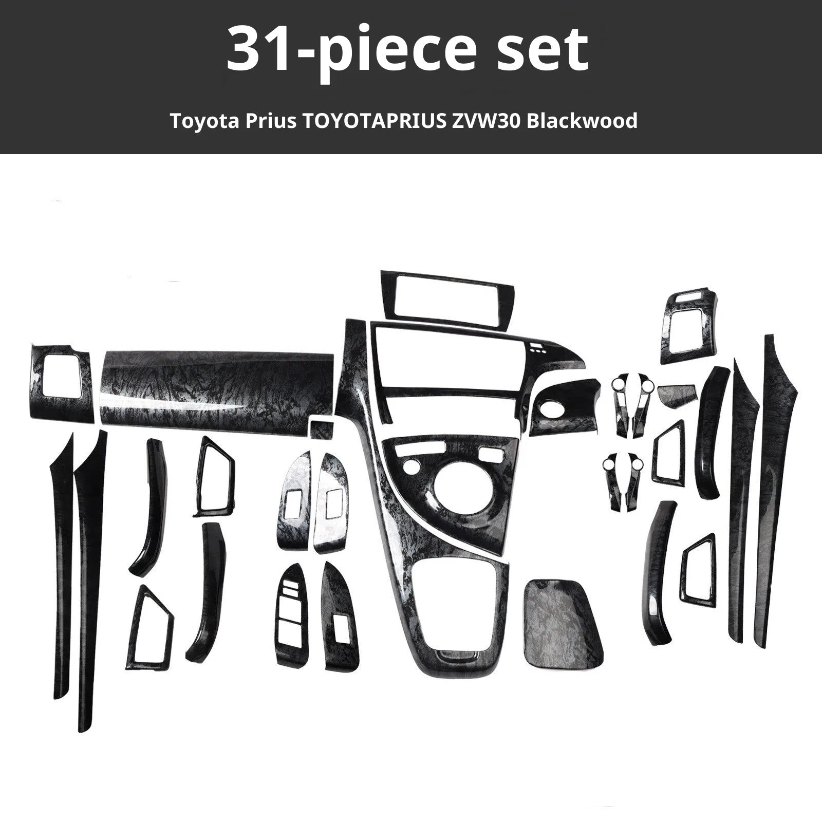 31-piece plastic interior car sticker set in three colour options for dashboard air vent and window panel trimming