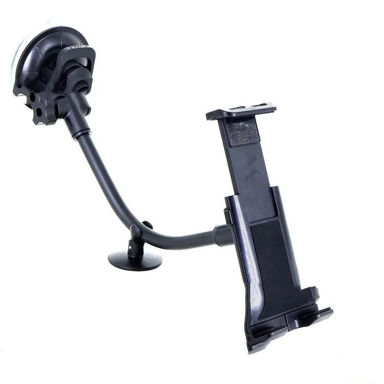 Black universal 4-12 inch car tablet holder with long-rod suction cup mounted on a dashboard.