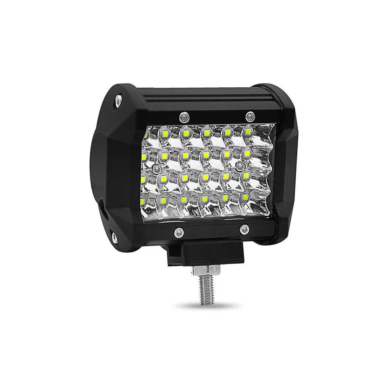 Black 4-row LED light bar with aluminium case and stainless steel bracket for vehicle mounting.