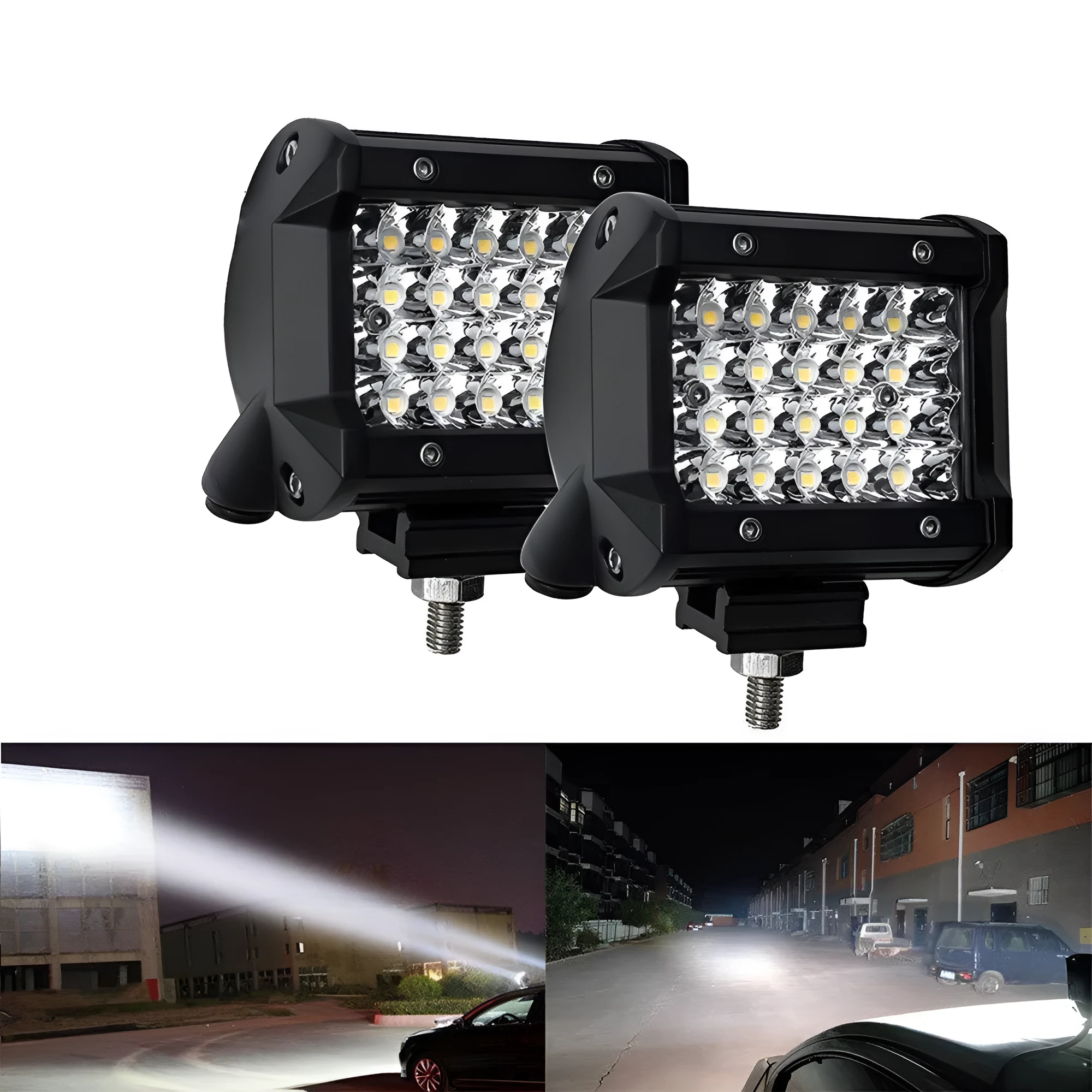 Black 4-row LED light bar with aluminium case and stainless steel bracket for vehicle mounting.