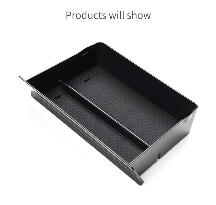 Black plastic car central storage grid drawer box for Tesla, 26x19x6.5cm, waterproof organiser