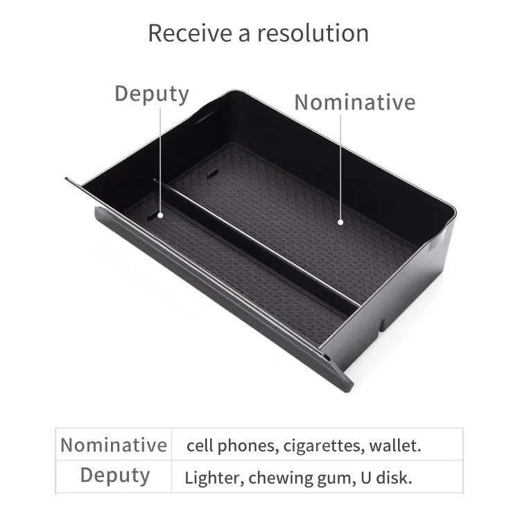 Black plastic car central storage grid drawer box for Tesla, 26x19x6.5cm, waterproof organiser
