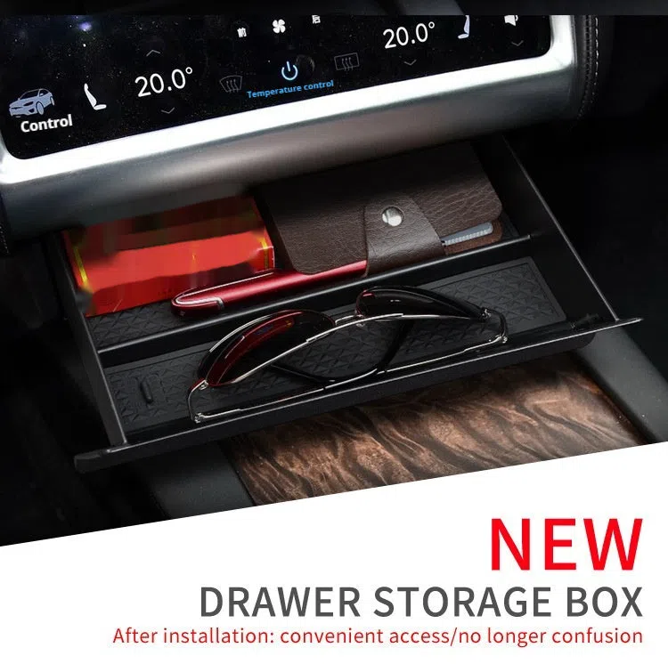 Black plastic car central storage grid drawer box for Tesla, 26x19x6.5cm, waterproof organiser