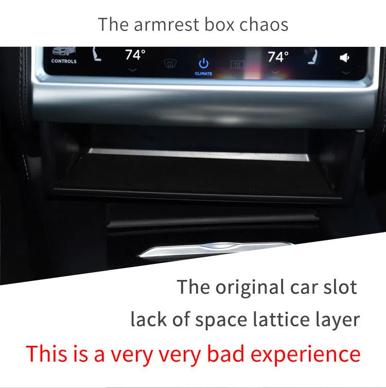 Black plastic car central storage grid drawer box for Tesla, 26x19x6.5cm, waterproof organiser