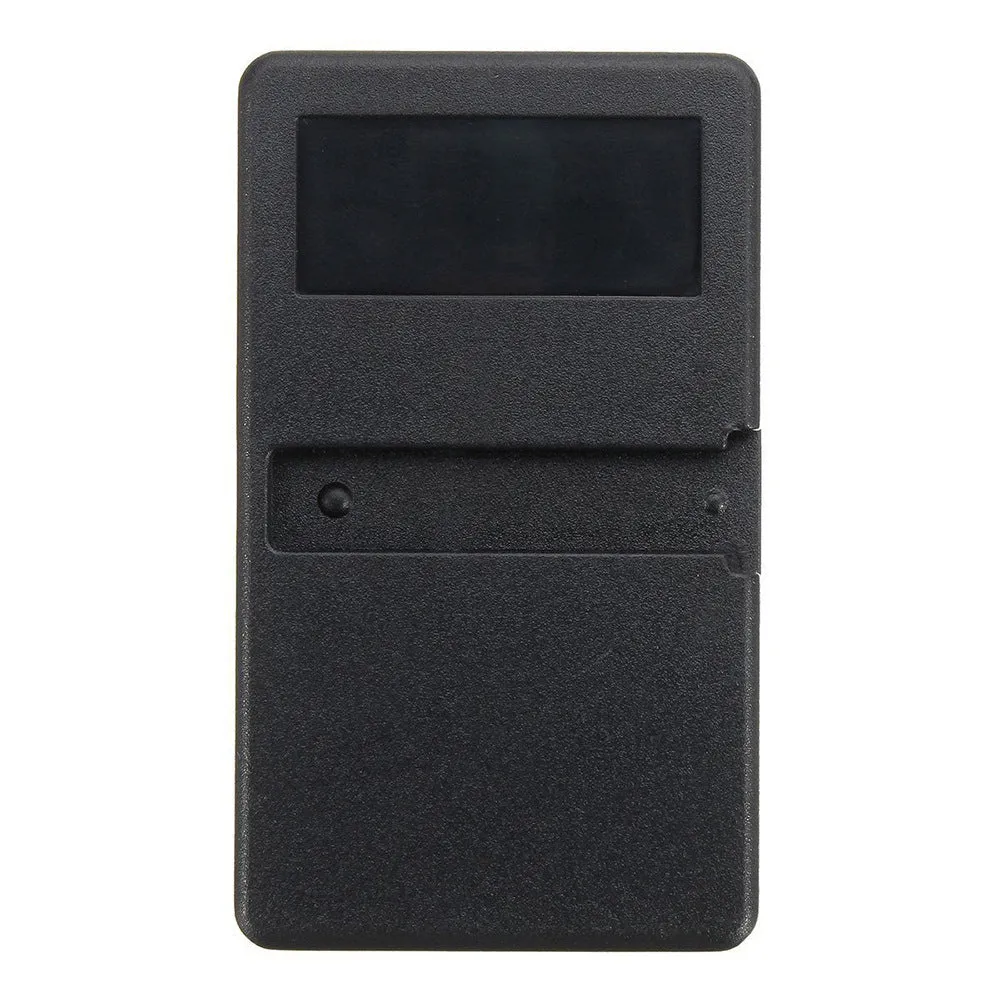 Black three-button LiftMaster garage door remote control with rolling code.