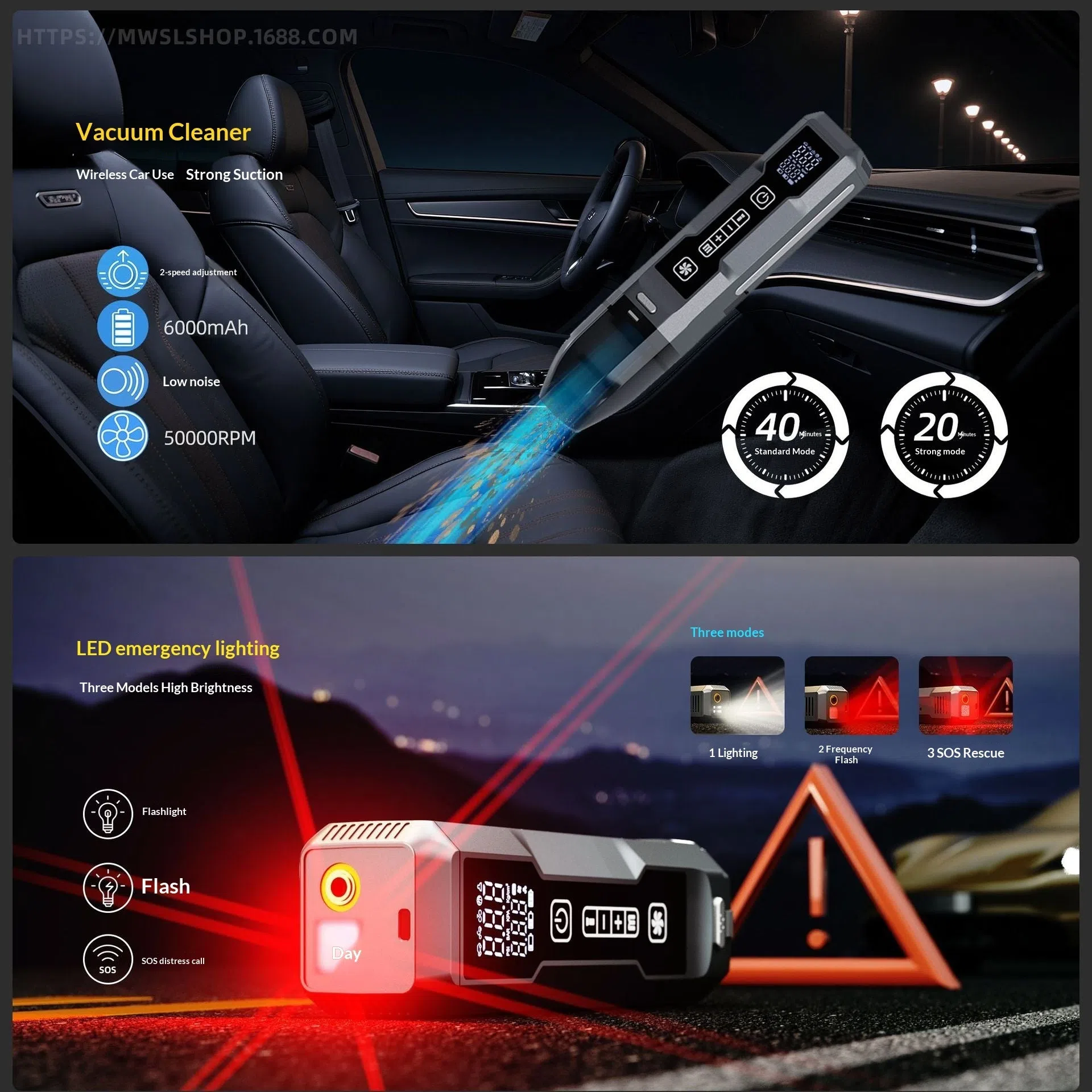 Wireless inflator with power bank showing 4-in-1 car vacuum and air pump with LED light
