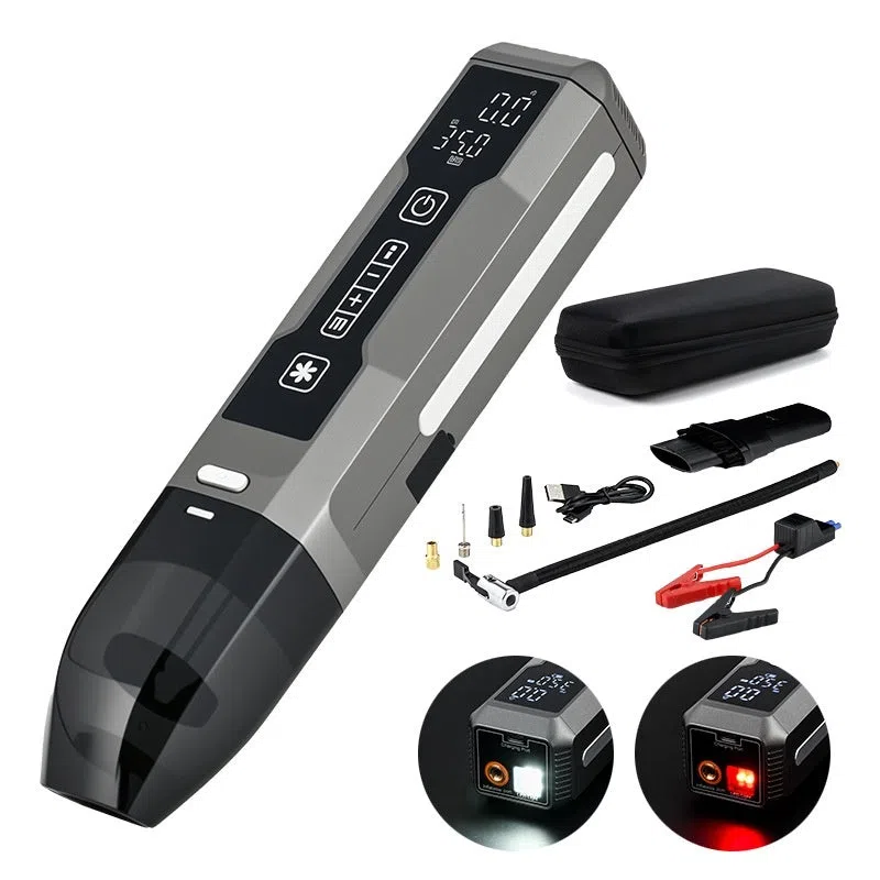 Wireless inflator with power bank showing 4-in-1 car vacuum and air pump with LED light