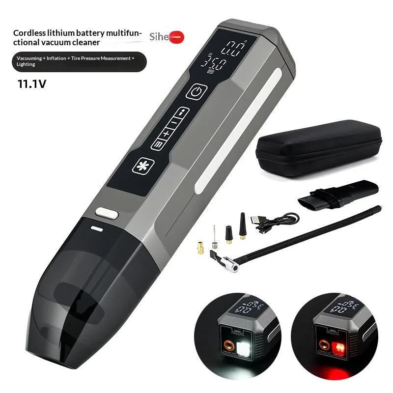 Wireless inflator with power bank showing 4-in-1 car vacuum and air pump with LED light
