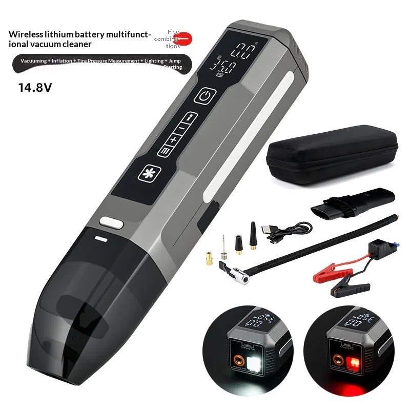 Wireless inflator with power bank showing 4-in-1 car vacuum and air pump with LED light