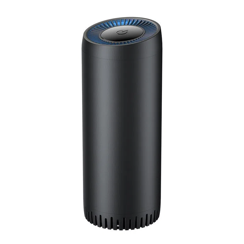 Small portable USB car air purifier with black aluminium alloy shell and ABS construction, 3W power rating