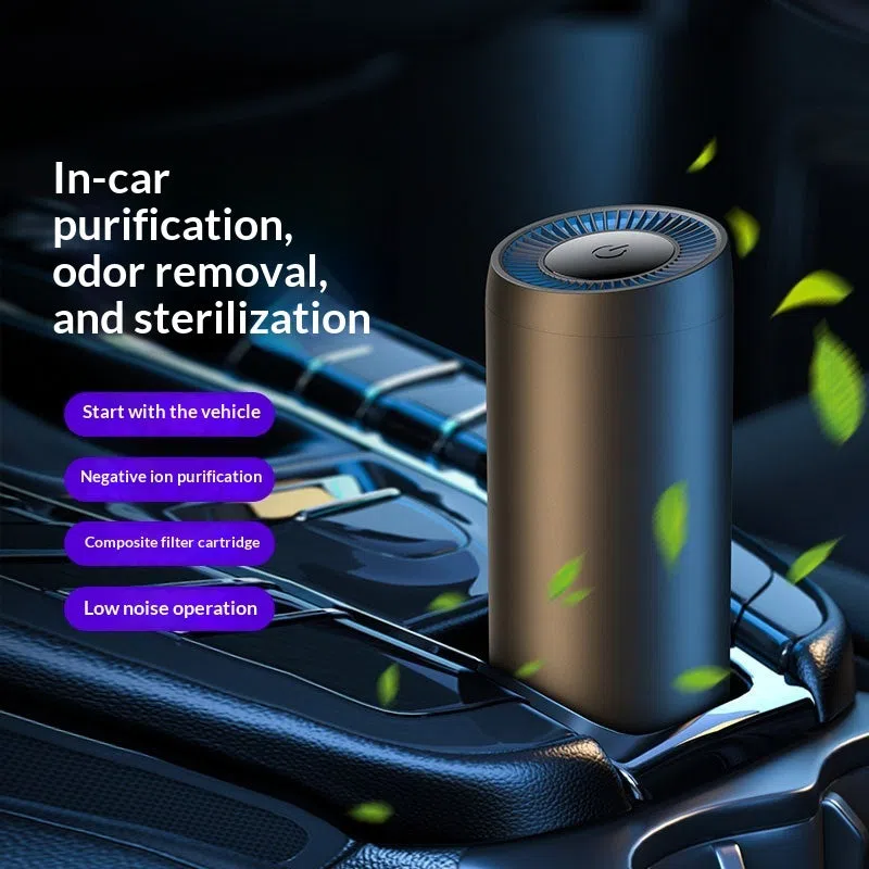 Small portable USB car air purifier with black aluminium alloy shell and ABS construction, 3W power rating