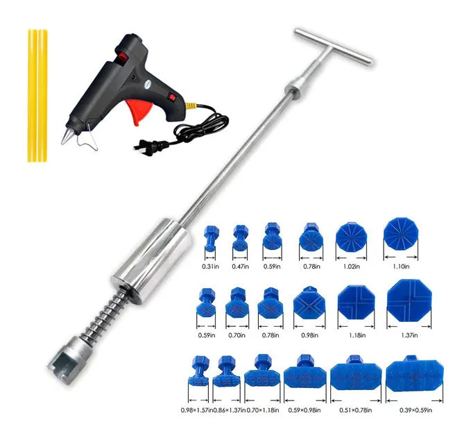 Automotive dent repair tool kit with metal T-shaped hammer and blue adhesive attachments for car body panel dent removal