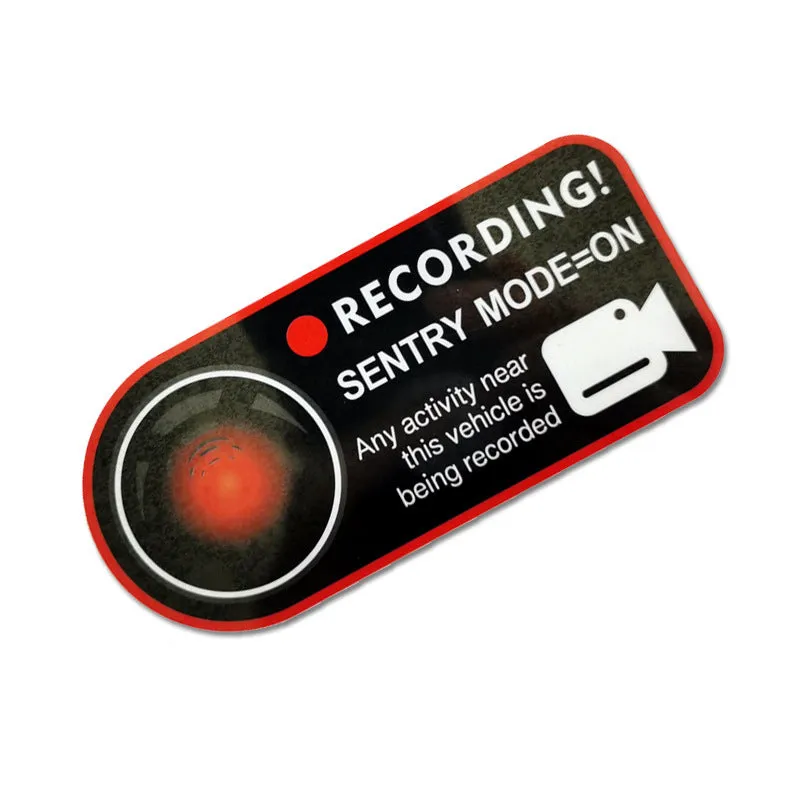 Pair of Tesla Sentry Mode warning stickers showing English text on PVC material