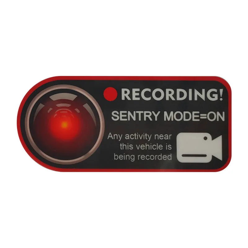 Pair of Tesla Sentry Mode warning stickers showing English text on PVC material