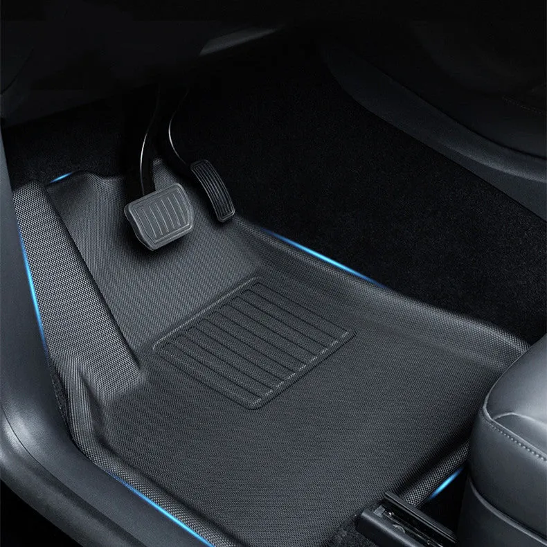 Custom TPR floor mat set for Tesla Model Y showing footwell, storage box, and tailbox mats.