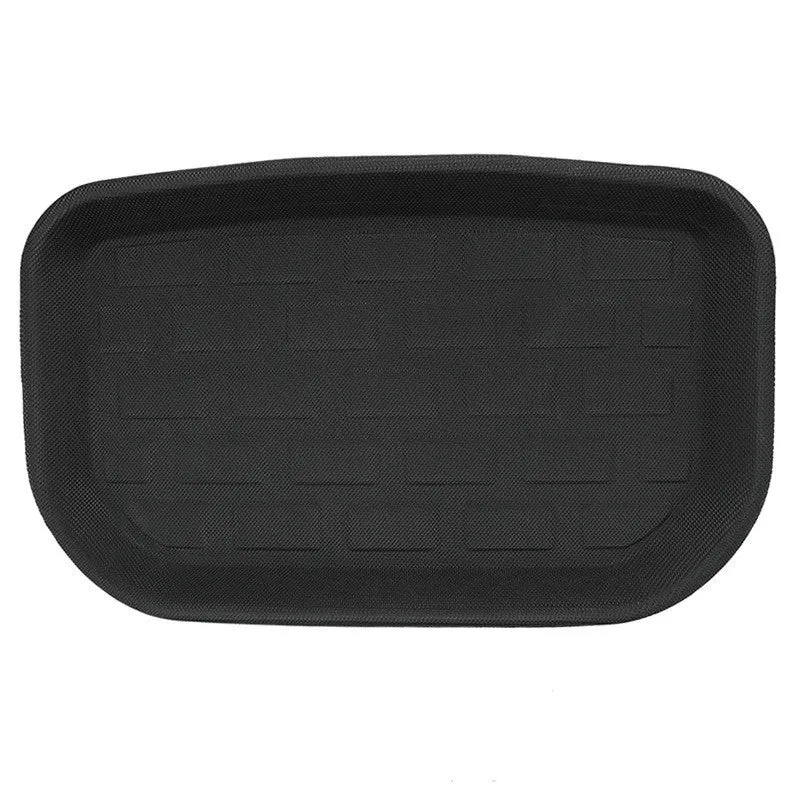 Custom TPR floor mat set for Tesla Model Y showing footwell, storage box, and tailbox mats.