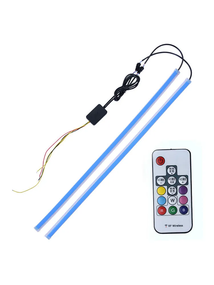 RGB colour-changing LED daytime running light strip with remote control in 30cm, 45cm, and 60cm sizes.