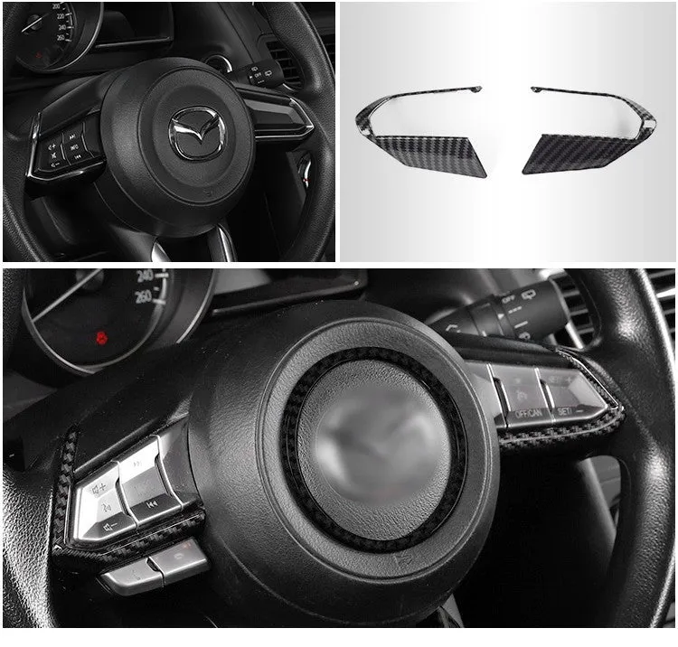 Pair of left and right ABS steering wheel frame trims with carbon fibre pattern for adhesive installation.