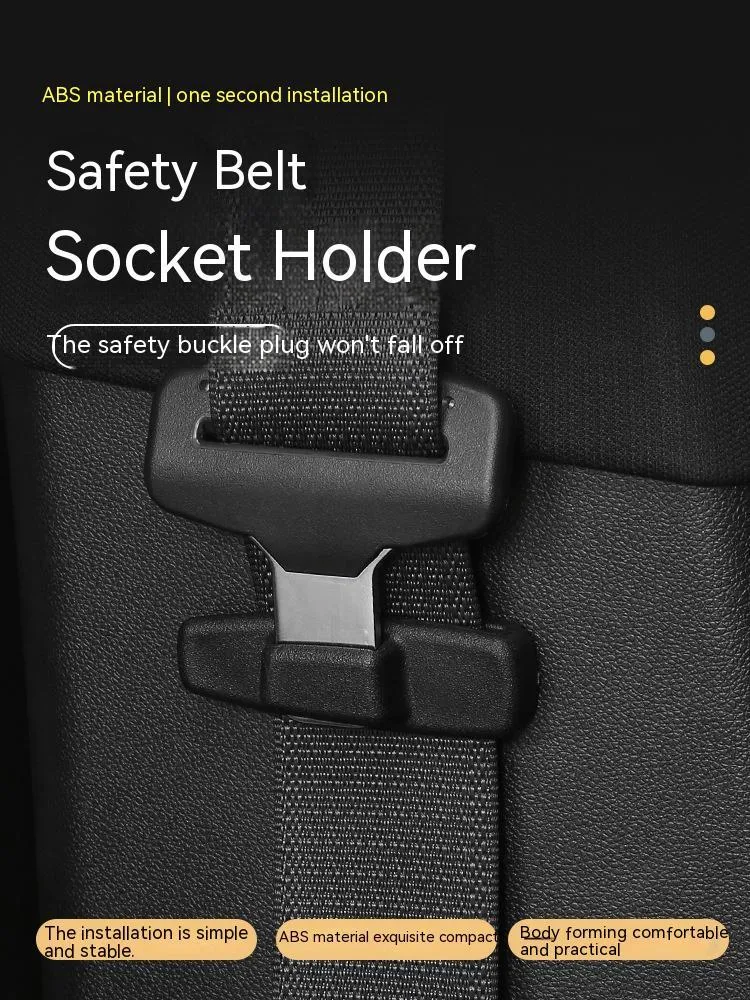 Two black ABS plastic car seatbelt stopper clips for adjusting length and preventing neck pinch.