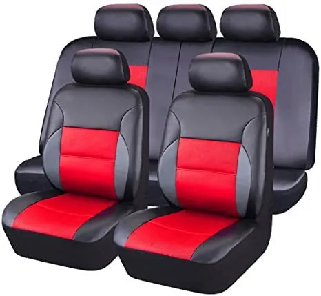 Set of black artificial leather car seat covers for front and rear seats with headrest covers and hooks.