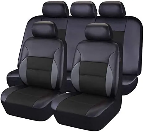 Set of black artificial leather car seat covers for front and rear seats with headrest covers and hooks.