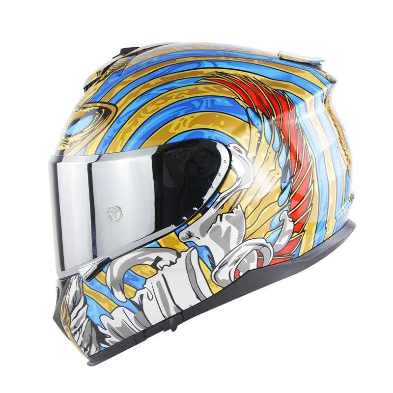 Motorcycle full face helmet with double lens in multiple colour options including Python and matte black variants