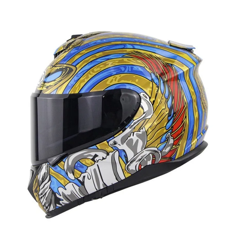 Motorcycle full face helmet with double lens in multiple colour options including Python and matte black variants